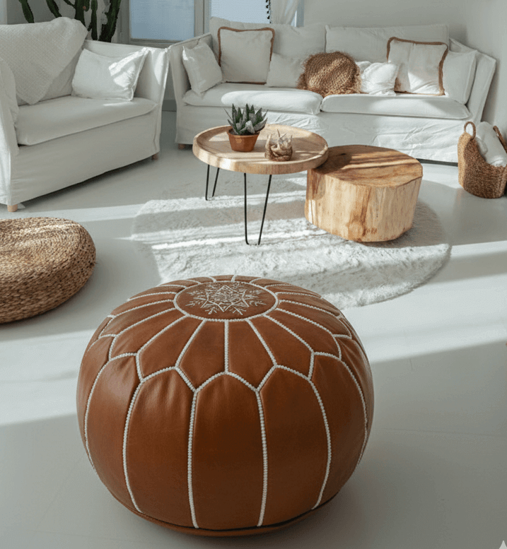 Pouf artisanat marocain traditionnel en cuir artisanal