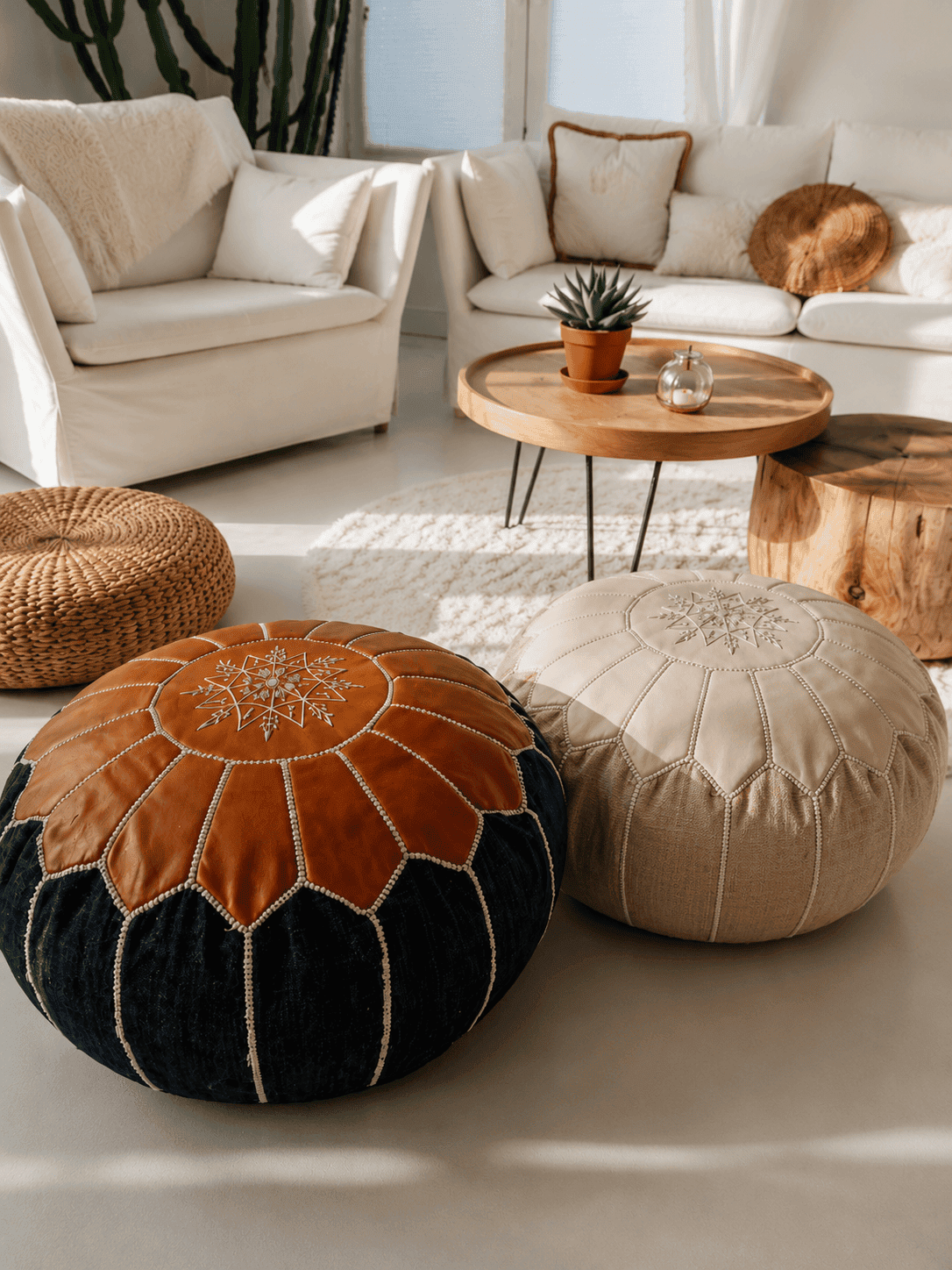 Pouf berbère marocain en cuir marron pour décoration intérieure