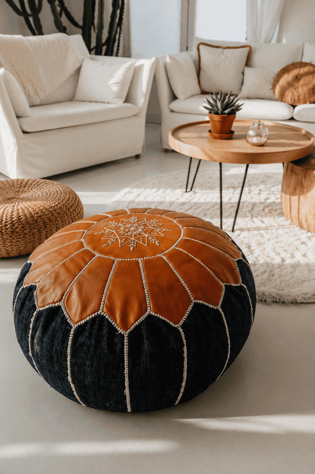 Pouf marocain en cuir fait main par des artisans marocains