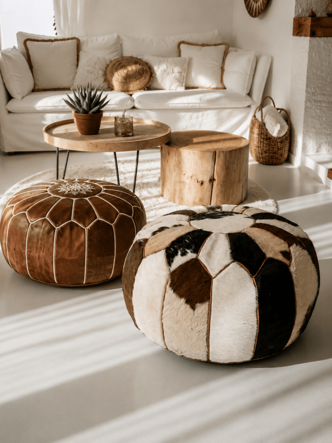 Pouf marocain artisanal en fourrure naturelle pour décoration intérieure bohème